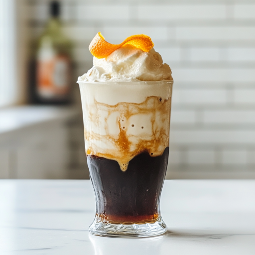 a Chartreuse float: an alcoholic cocktail with a root beer, Chartreuse, orange peel garnish, and ice cream for a low alcohol cocktail experience