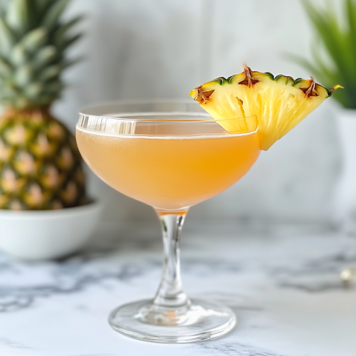 orange cocktail in coupe glass with a pineapple garnish