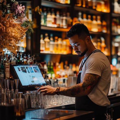 Bartender at a digital register screen in a fully stocked bar