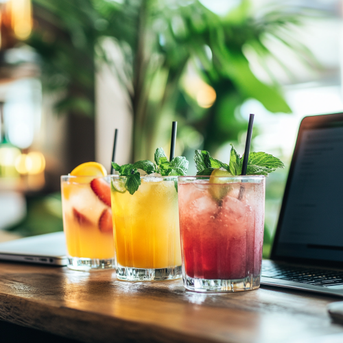 3 glasses of cocktails on a counter next to a laptop
