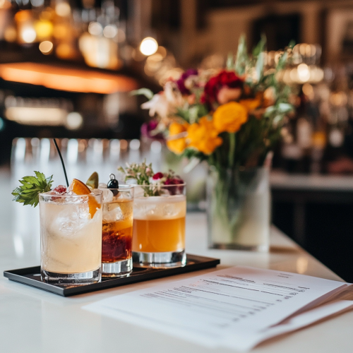 3 cocktails on a tray, on a restaurant bar with a menu and vase of flowers