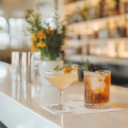 2 cocktails on a well-lit white bar next to a cocktail menu