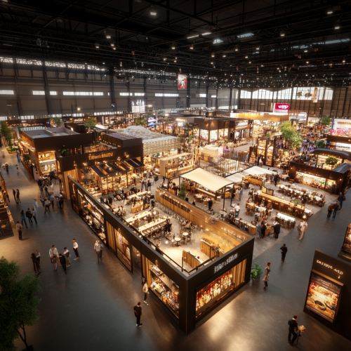 an arial of a trade show floor, a convention