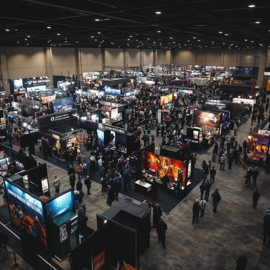 arial view of a convention floor full of people and booths