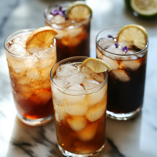 4 signature drinks, each in a highball glass, with lemon and lime wheels