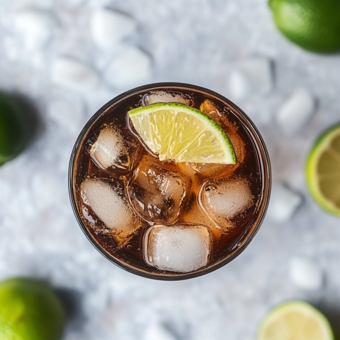 Rum with cola: an iced drink with lime slices in a tall glass, from top-down