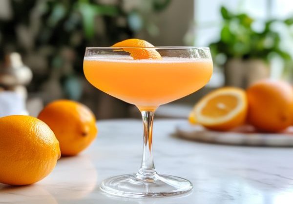 orange cocktail in a coupe glass surrounded by oranges on a table