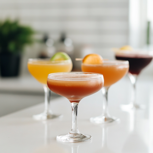 4 cocktails on a kitchen counter