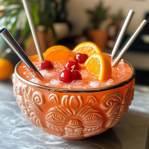 fancy tiki bowl of alcohol punch for a communal tiki cocktail