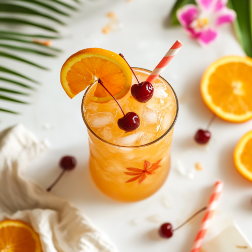 top-down view of a scorpion cocktail in a hurricane glass, typically made in a giant bowl
