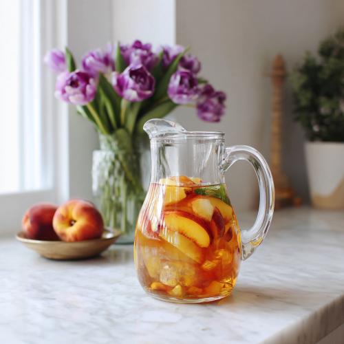 big pitcher of peach white wine sangria