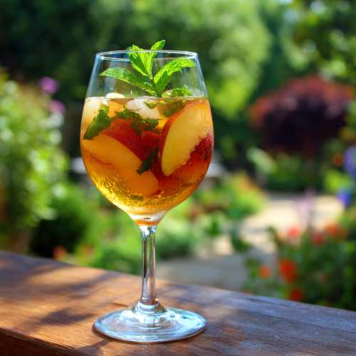 wine glass of peach wine cocktail outside, with peach slices and sprigs of mint