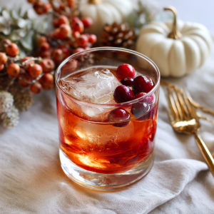 A cocktail with bourbon (the Bourbon Bog), a holiday cocktail with cranberry juice, on a white table set for Thanksgiving