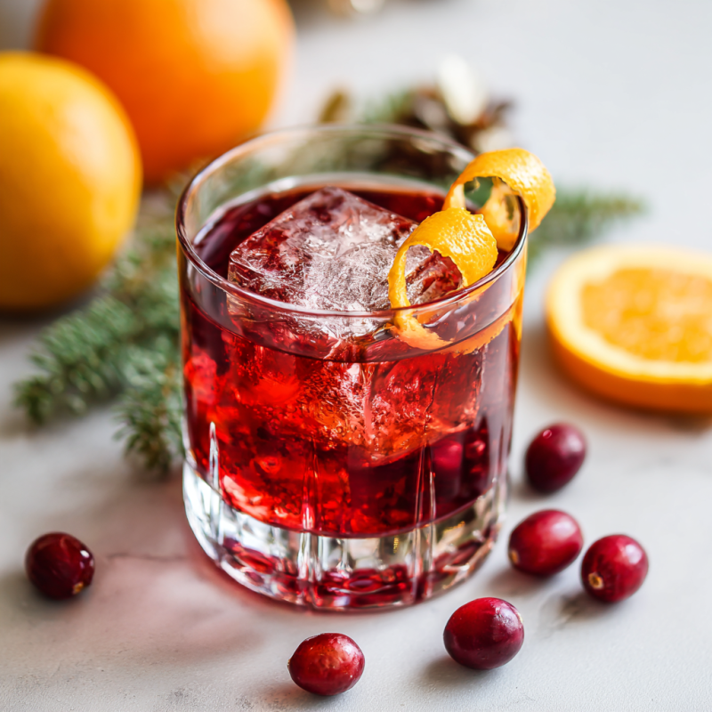 The Bourbon Bog, a cranberry cocktail in a rocks glass with orange peel