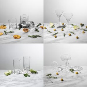 A collage of 4 photos of different types of glassware: coupe, Martini, Collins, & rocks