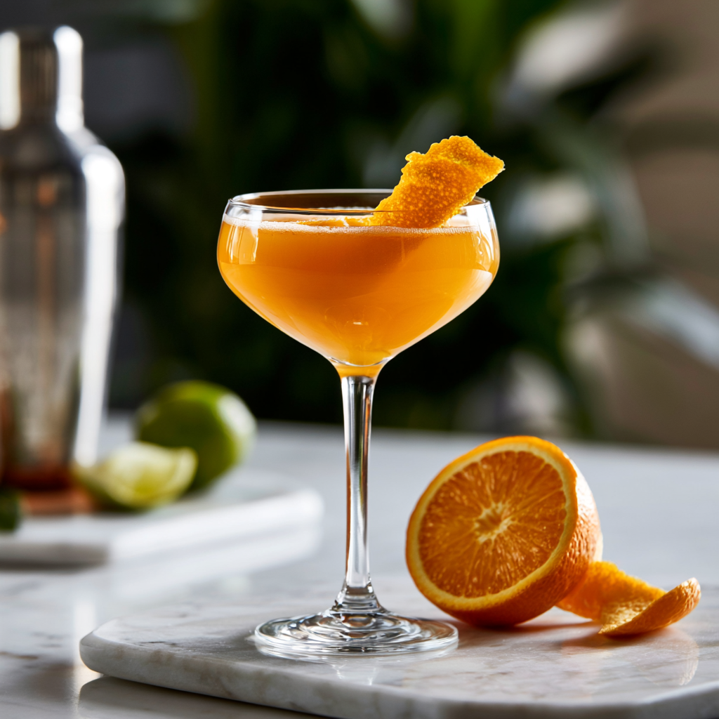 a rum cocktail in a chilled coupe glass, with an orange peel garnish