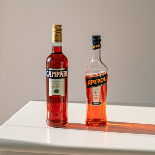 a bottle of Aperol next to a Campari bottle on a white table