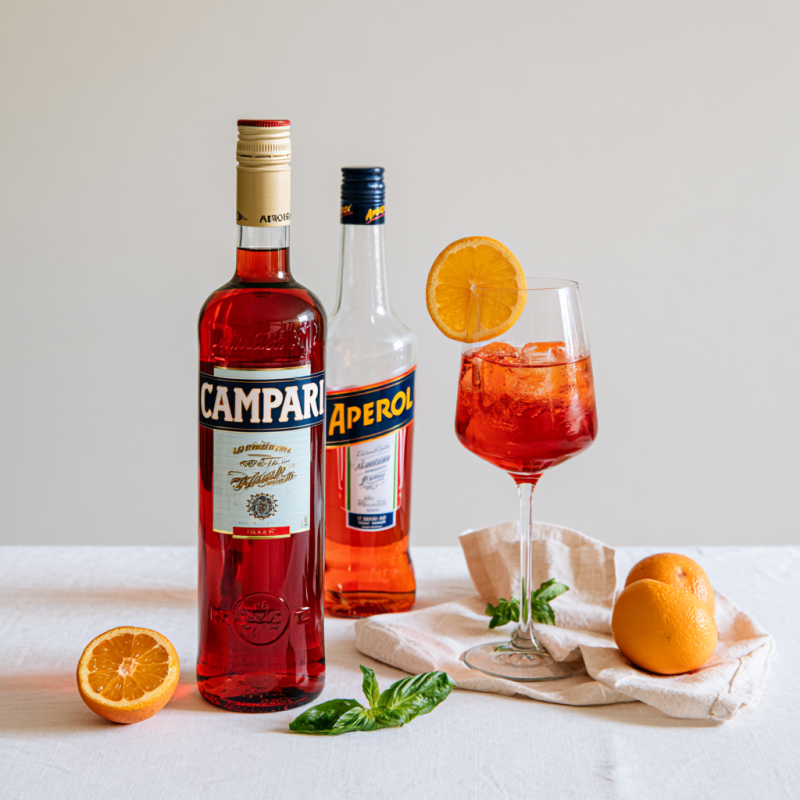 bottles of Aperol and Campari amari with a cocktail in a wine glass with oranges and fresh mint