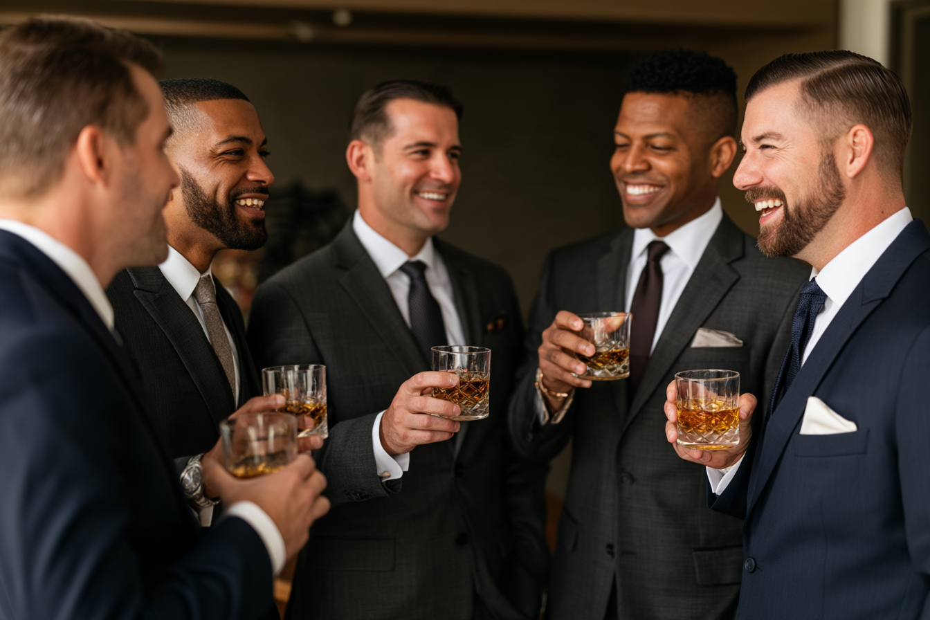 5 groomsmen in suits for a wedding holding rocks glasses with whiskey, talking and laughing