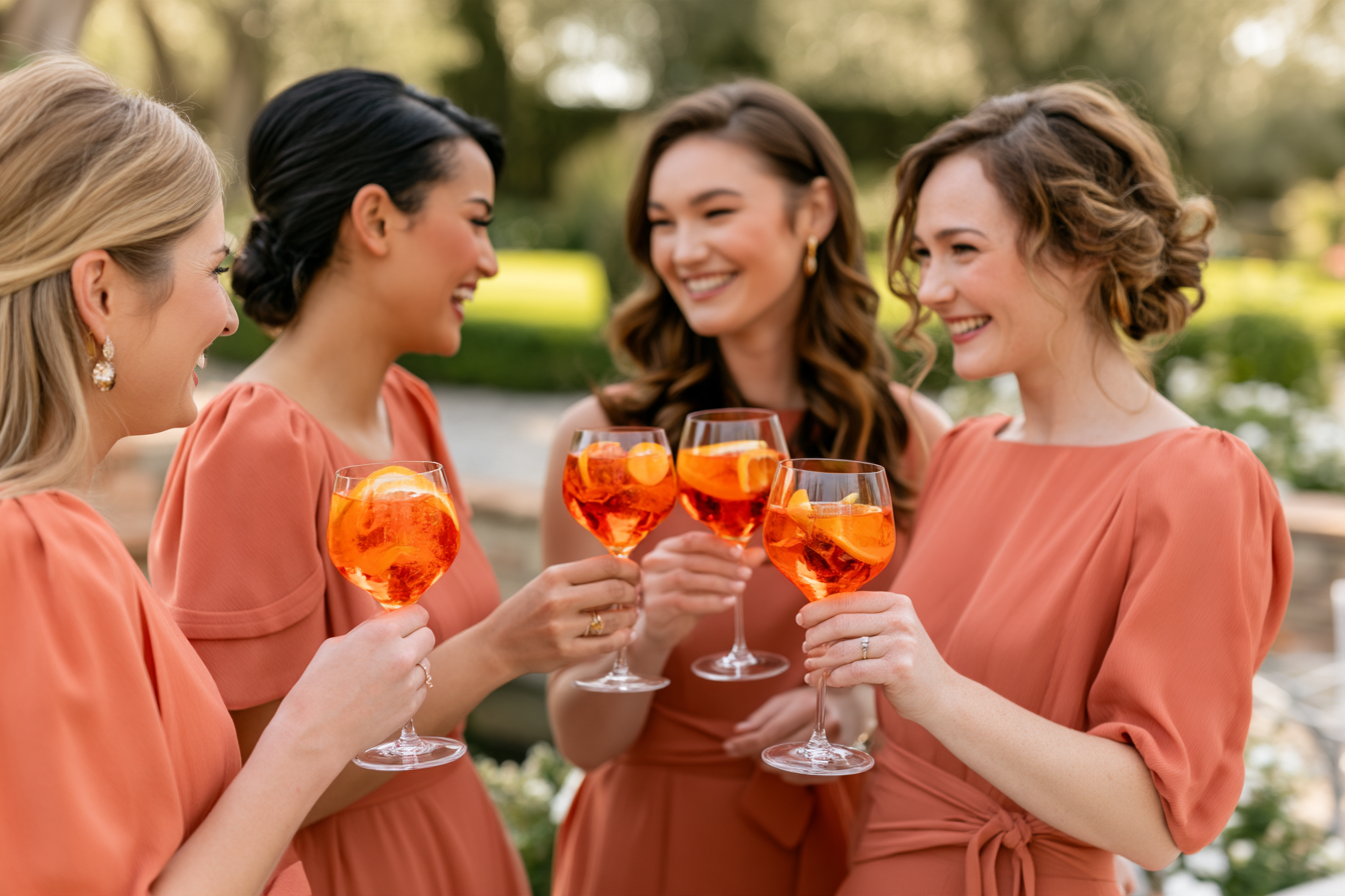 4 bridesmaids in salmon colored dresses, laughing and holding Aperol Spritz cocktails in wine glasses