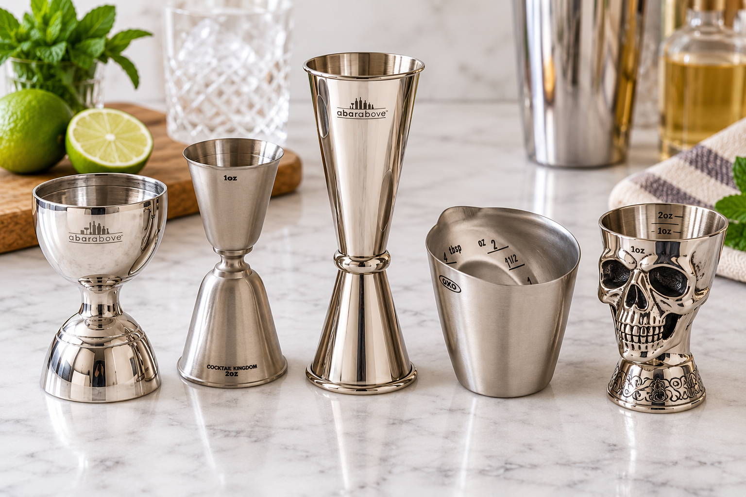 5 different cocktail jiggers lined up on a kitchen counter with lime and mint in the background. The jiggers are shaped like Japanese jigger, bell jigger, a wedge cup, a skull jigger, and a hoffman shape