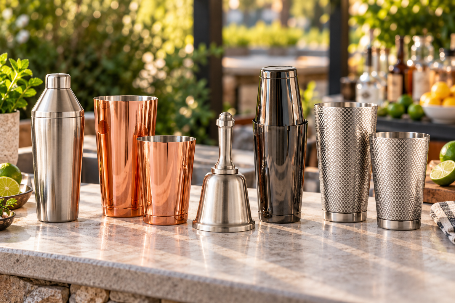 6 various cocktail shakers on an outdoor bar: Boston shaker set, cobbler shaker, Parisian shaker
