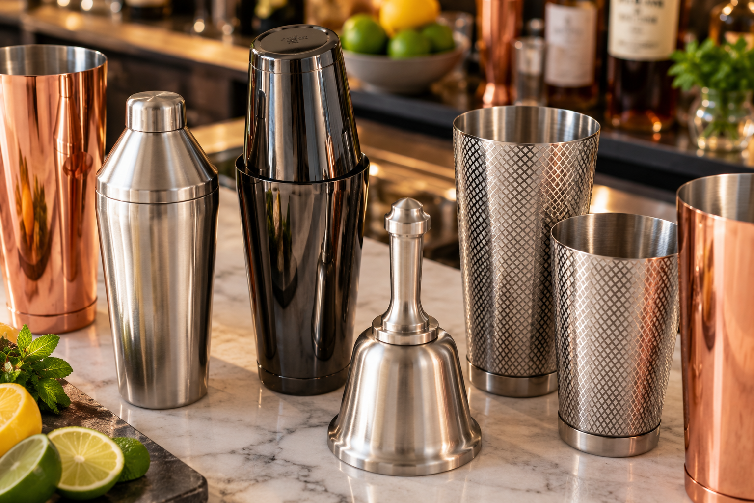 6 different types of cocktail shakers from different companies, cobbler and Boston shakers in silver, copper, and black, sitting on a bar