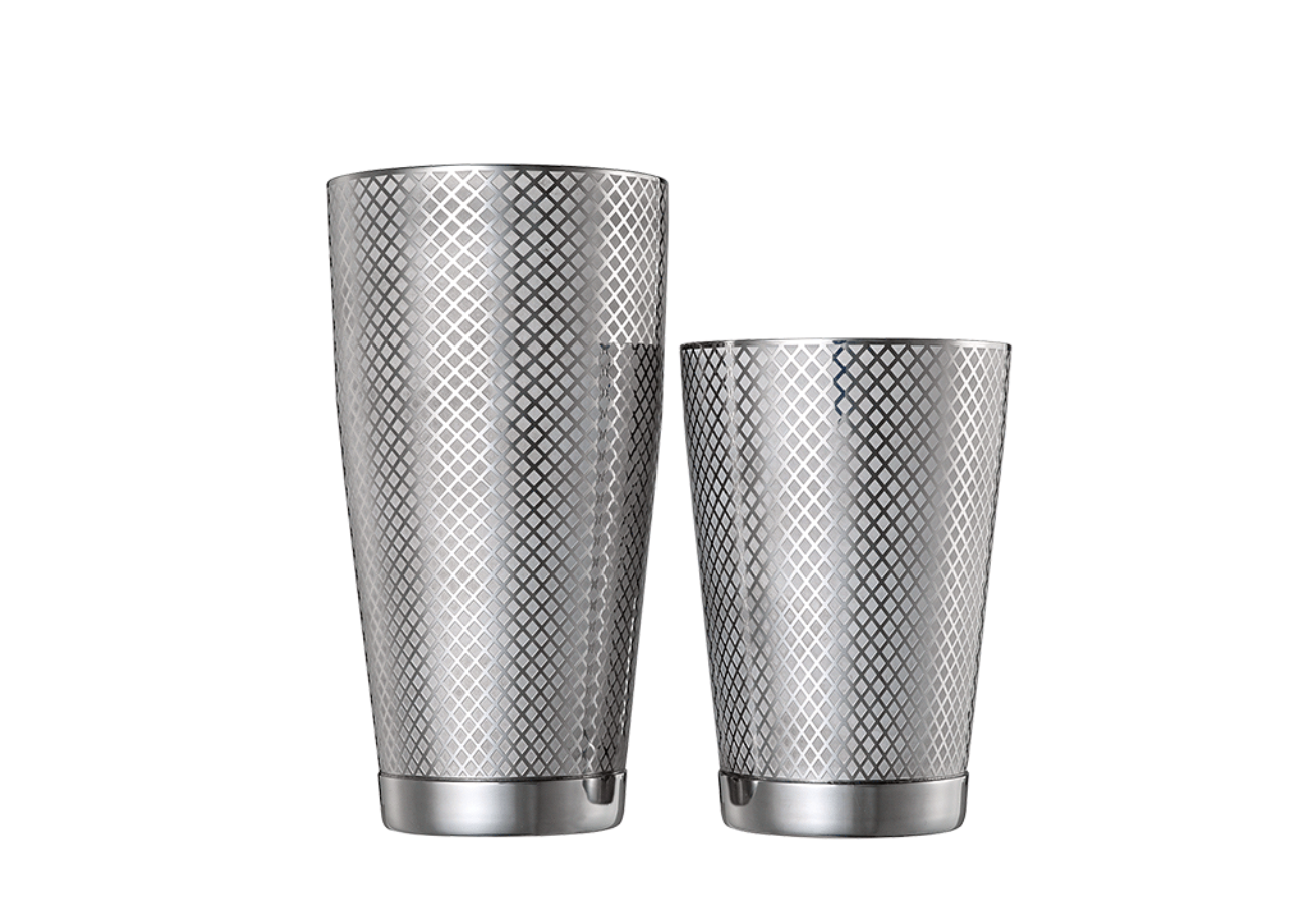Barfly cocktail shaker with lattice design etched into it