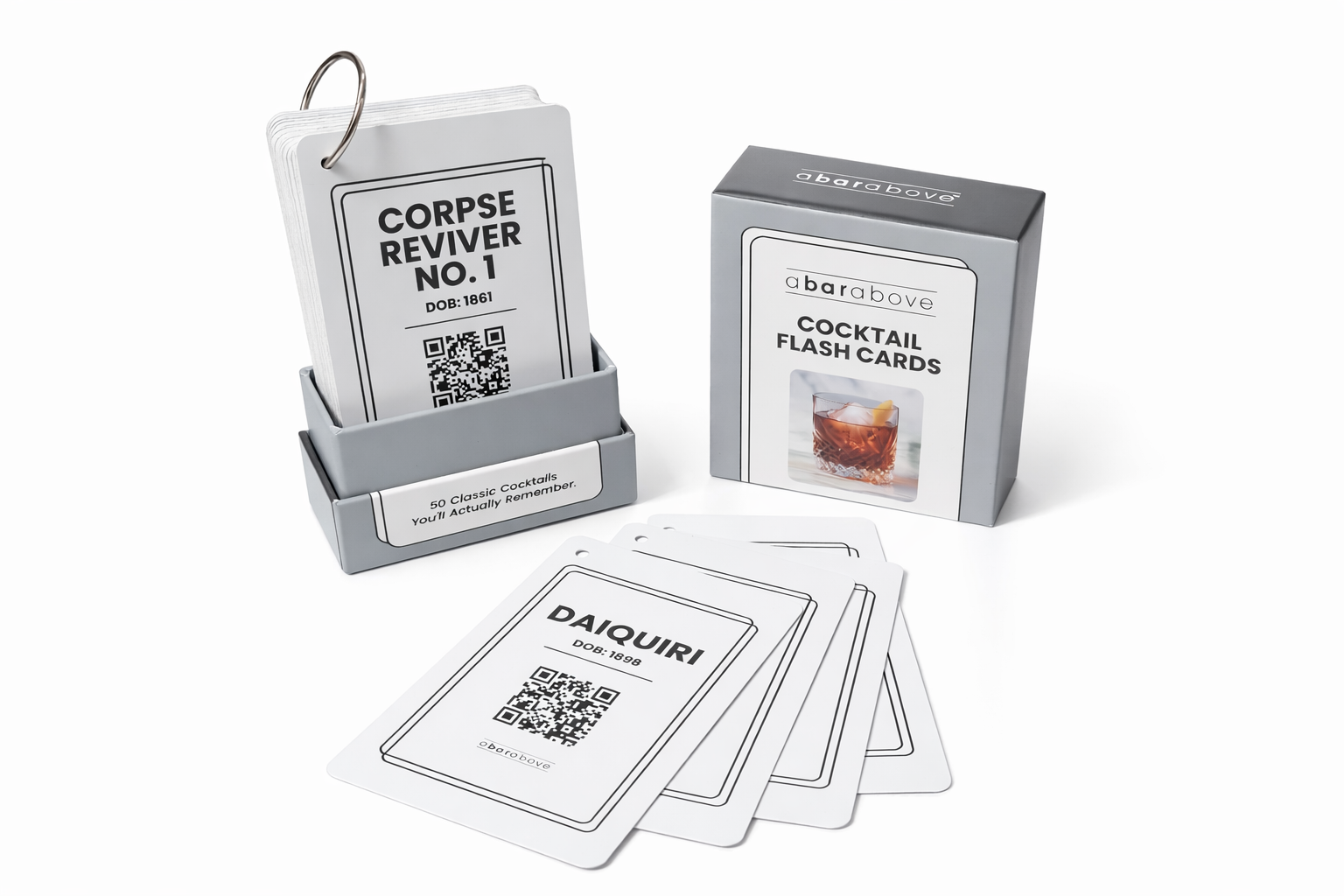 a box of flashcards containing modern and classic cocktail recipes